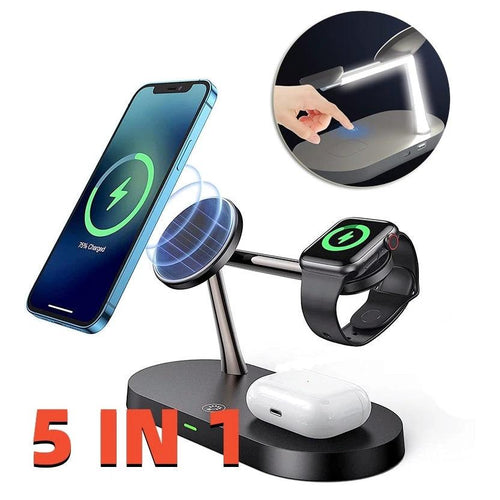 MANDOTOS multifunctional five-in-one magnetic wireless charger with phone, watch, and headset holder, 15W fast charging on desktop.
