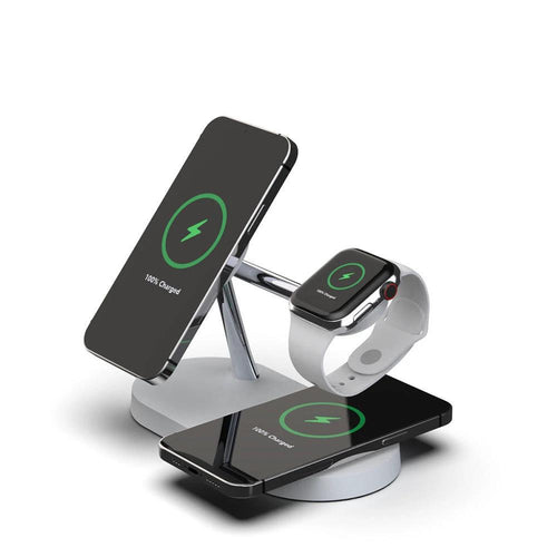 Mandotos multifunctional five-in-one magnetic wireless charger with phone, watch, and headset holder, 15W fast charging, desktop setup.