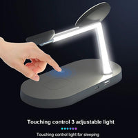 Mandotos multifunctional five-in-one magnetic wireless charger with watch, headset, phone holder, and 15W fast charging capability.