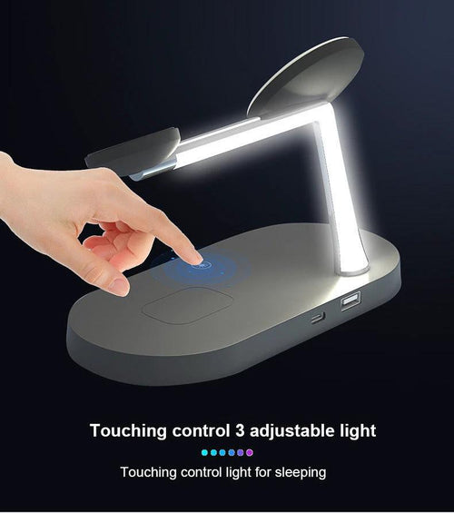 Mandotos multifunctional five-in-one magnetic wireless charger with watch, headset, phone holder, and 15W fast charging capability.