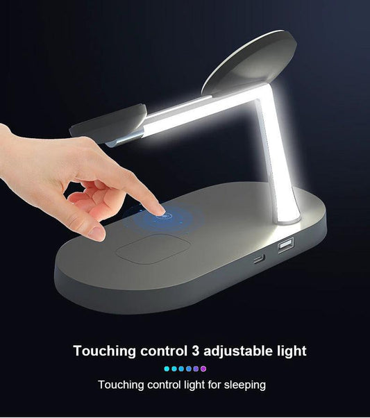 Mandotos multifunctional five-in-one magnetic wireless charger with watch, headset, phone holder, and 15W fast charging capability.