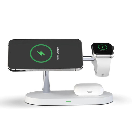 Mandotos multifunctional five-in-one magnetic wireless charger with watch, headset, mobile phone holder, and 15W fast charging.