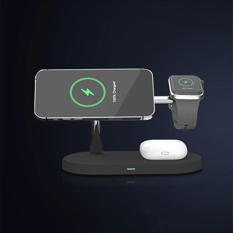Mandotos multifunctional 5-in-1 magnetic wireless charger with phone, watch, headset holder and 15W fast charging on a desktop.