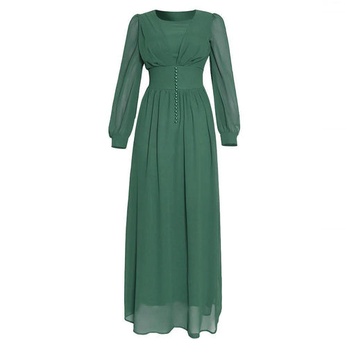 Mandotos Muslim women's long sleeve chiffon dress with modest design, flowing fabric, and elegant style for special occasions