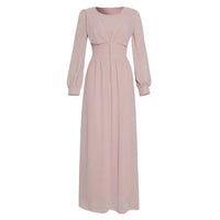 Mandotos Muslim women's long sleeve chiffon dress, elegant modest attire with flowing fabric and intricate detailing.