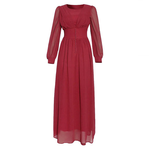 Mandotos Muslim women's long sleeve chiffon dress featuring elegant, flowing fabric and modest design for special occasions.