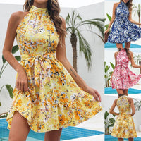 Mandotos summer flowers print halterneck dress with ruffles and lace-up detail, perfect for women's fashionable warm-weather wear.