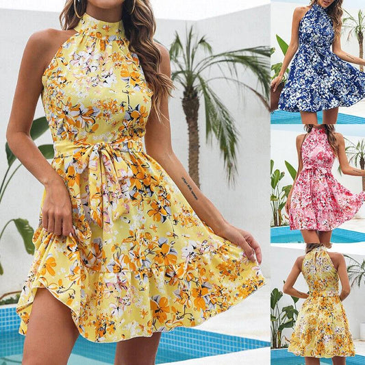 Mandotos summer flowers print halterneck dress with ruffles and lace-up detail, perfect for women's fashionable warm-weather wear.