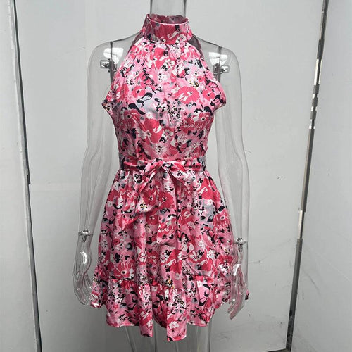 Mandotos women's summer halterneck dress with floral print, ruffled details, lace-up back, and a stylish, temperament design.