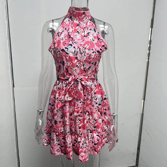 Mandotos women's summer halterneck dress with floral print, ruffled details, lace-up back, and a stylish, temperament design.