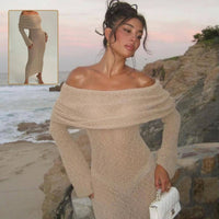 Mandotos one-shoulder knitted long-sleeve dress for women, stylish beach holiday long dress with sexy, fitted design.