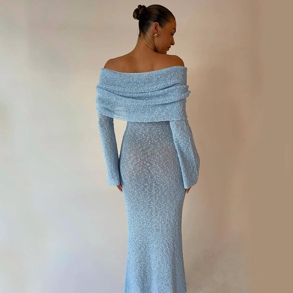 Mandotos one-shoulder knitted long-sleeve dress, stylish beach holiday long dress for women, fitted and elegant design.