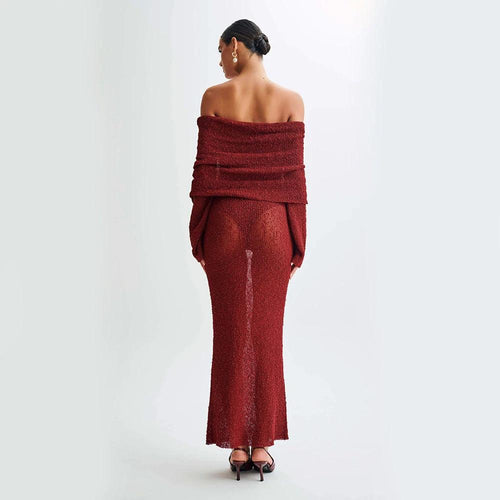 Mandotos one-shoulder knitted long-sleeve dress for women, perfect for beach holidays and casual summer wear.
