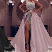 Elegant one-shoulder MANDOTOS evening dress with a flowing design, perfect for formal occasions and evening events.