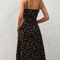 Mandotos polka dot print suspender summer dress with a sexy split, long flowing style, perfect for women's warm-weather fashion.