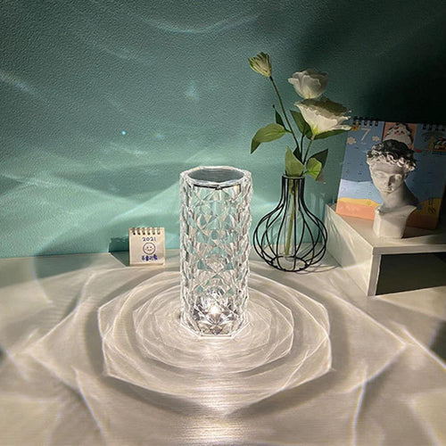 Mandotos Nordic Crystal USB table lamp with touch dimming, rose projector, diamond night light, perfect for bedroom decor.
