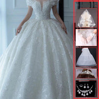Off-shoulder French main wedding dress by MANDOTOS, featuring elegant lace details and a flowing train for bridal elegance.