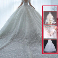 Off-shoulder French main wedding dress by MANDOTOS featuring elegant lace details and a flowing silhouette.