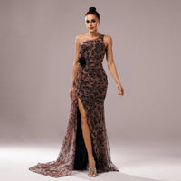 Mandotos one-shoulder leopard sequined evening dress with diagonal collar, elegant and glamorous for formal occasions.