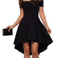 Mandotos one-shoulder short sleeve top paired with a large swallowtail skirt, stylish and elegant fashion ensemble.