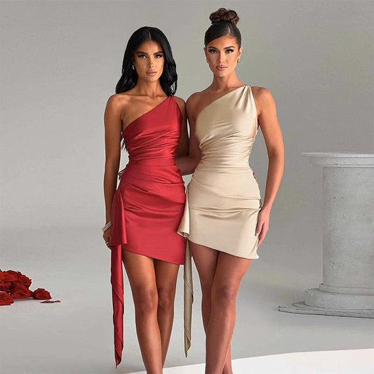 Mandotos one-shoulder sleeveless mini dress with slim fit, backless design, perfect for party or wedding occasions.
