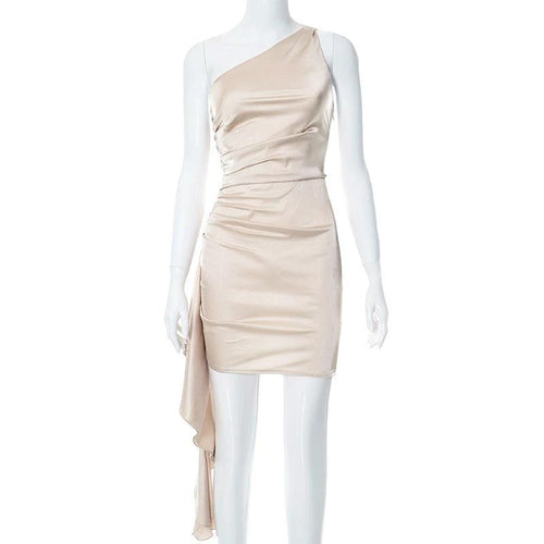 Mandotos one-shoulder sleeveless mini dress with slim fit and backless design, ideal for party or wedding occasions.