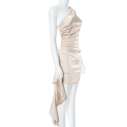 Mandotos one-shoulder sleeveless mini dress with slim fit and backless design, ideal for parties and weddings.
