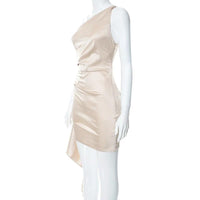 Mandotos one-shoulder sleeveless mini dress with slim backless design, perfect for party or wedding attire on women.