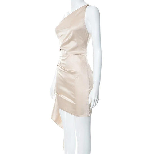 Mandotos one-shoulder sleeveless mini dress with slim backless design, perfect for party or wedding attire on women.