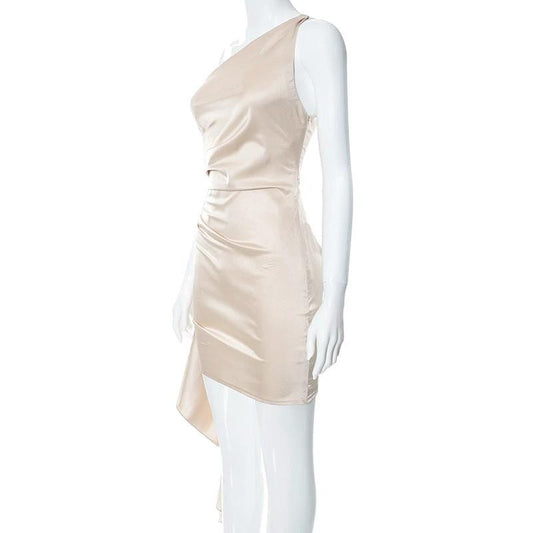 Mandotos one-shoulder sleeveless mini dress with slim backless design, perfect for party or wedding attire on women.