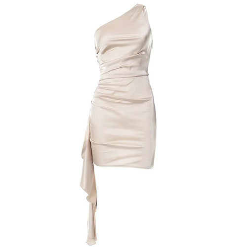 Mandotos one-shoulder sleeveless mini dress with slim fit, backless design, suitable for party or wedding occasions for women.