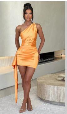 Mandotos one-shoulder sleeveless mini dress with slim fit and backless design, suitable for party or wedding occasions.