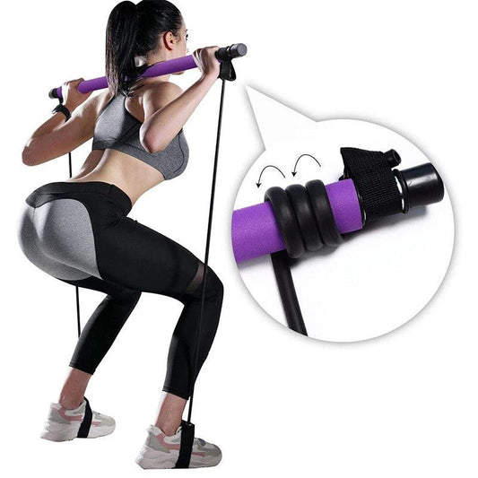 Mandotos portable Pilates bar for versatile resistance training, shown with adjustable handles and resistance bands for full-body workouts.