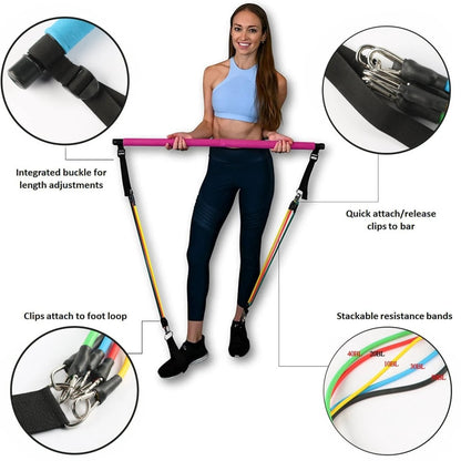 Mandotos portable Pilates bar for resistance training, shown with adjustable handles and sturdy bar for versatile workouts.