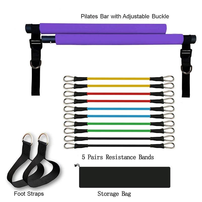 Mandotos portable Pilates bar for versatile resistance training, shown with adjustable handles and resistance bands for full-body workouts
