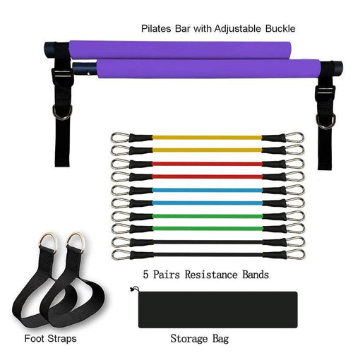 Mandotos portable Pilates bar for versatile resistance training, shown with adjustable handles and resistance bands for full-body workouts