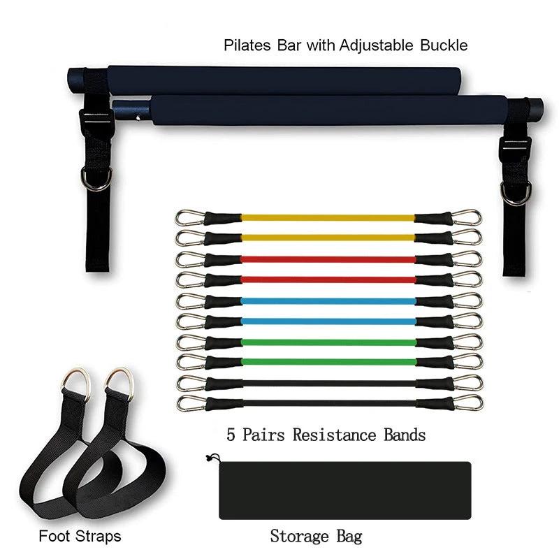 Mandotos portable Pilates bar for versatile resistance training, shown with adjustable handles and resistance bands for full-body exercise.