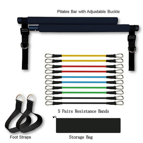 Mandotos portable Pilates bar for versatile resistance training, shown with adjustable handles and resistance bands for full-body exercise.