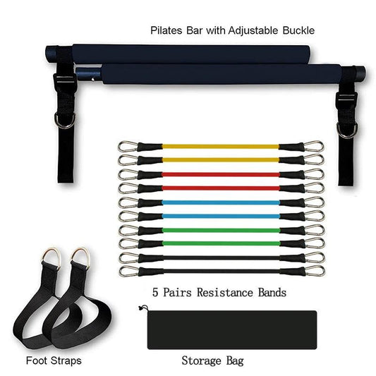 Mandotos portable Pilates bar for versatile resistance training, shown with adjustable handles and resistance bands for full-body exercise.
