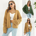 Mandotos women's puff sleeve cardigan sweater featuring chunky knit fabric and front coat design.