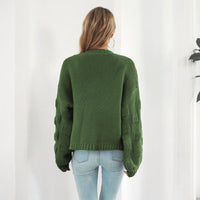 Mandotos women's puff sleeve cardigan sweater with front chunky knit design, stylish knitwear coat for casual wear.