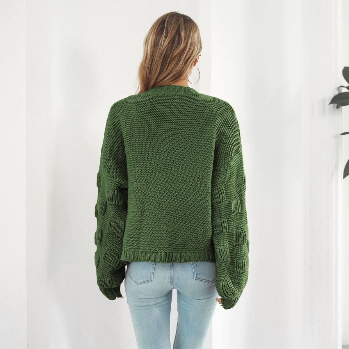 Mandotos women's puff sleeve cardigan sweater with front chunky knit design, stylish knitwear coat for casual wear.