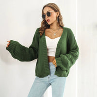 Mandotos women's puff sleeve cardigan sweater with front chunky knit design, cozy knitwear coat for stylish winter wear.