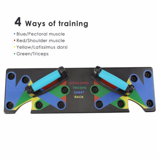 Mandotos 9-in-1 push-up rack and fitness tools with display shelves, used for gym training and body building exercises.