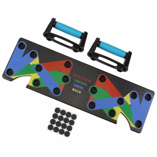 Mandotos 9-in-1 push-up rack for body building, fitness training, with display shelves and risers for men and women gym workouts.