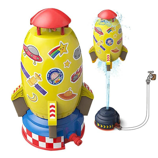 Mandotos outdoor rocket launcher toy with water spray for kids, garden lawn sprinkler, summer water pressure fun for children.