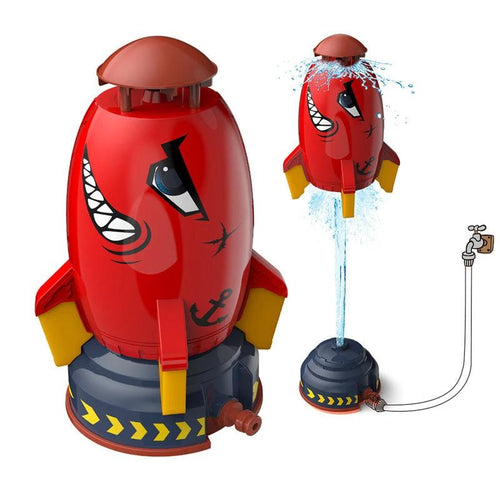 Mandotos outdoor rocket launcher toy with water pressure sprinkler, kids playing in garden lawn with water spray during summer.