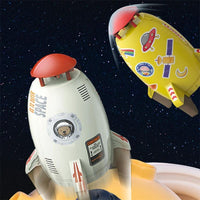 Mandotos outdoor rocket launcher toy with water pressure sprinkler for kids, spraying water in garden or lawn during summer.