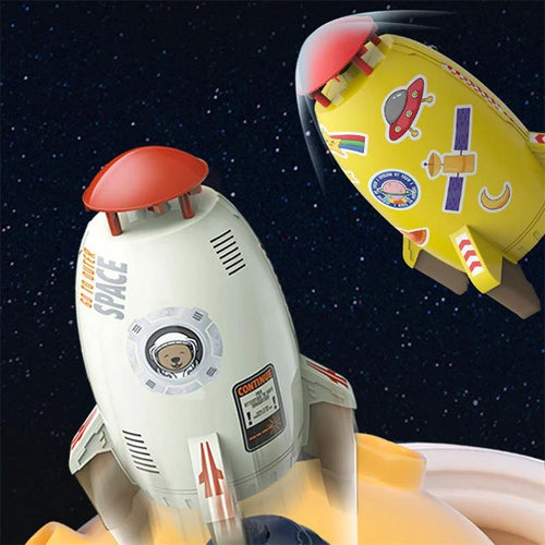 Mandotos outdoor rocket launcher toy with water pressure sprinkler for kids, spraying water in garden or lawn during summer.