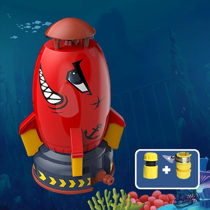 Mandotos rocket launcher toy for kids, outdoor water pressure sprinkler spraying water in garden lawn during summer.